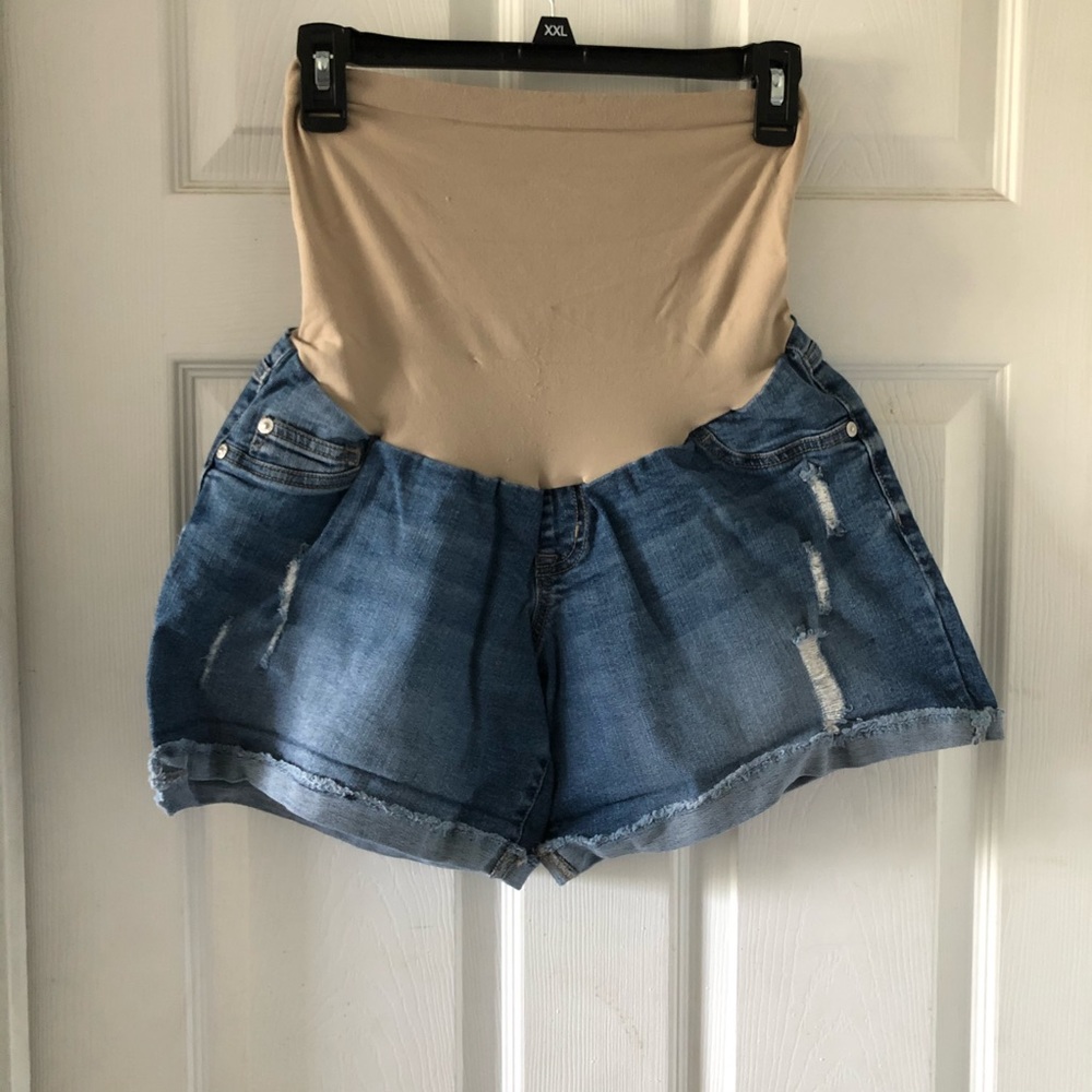 Indigo Blue Distressed Jean Maternity Shorts